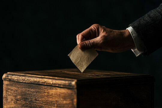 Close-up of a person in a suit casting a vote by inserting a paper ballot into a rustic wooden box, dramatic moody lighting, conceptual image representing democracy, civic duty, and political