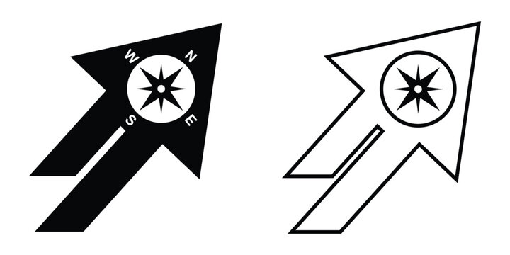 Black and white graphic illustrations of stylized arrow shapes featuring a circular compass rose design element