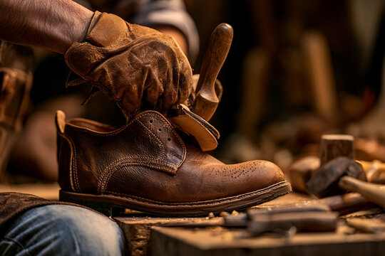 Professional artisan cobbler crafting a bespoke leather shoe in a rustic workshop, close-up shot with warm cinematic lighting, symbolizing traditional craftsmanship, quality, and heritage