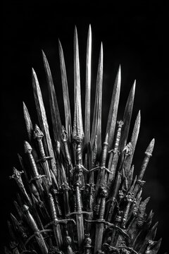 Stunning photo of medieval iron throne of kings made of weapons: swords, daggers, spears, knives blades. Misterious low key middle ages fantasy background design element. Dark.
