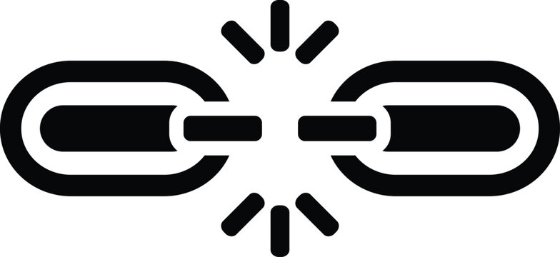 Black vector icon representing a broken chain link. The graphic shows a split connection with spark lines. It symbolizes disconnection, separation, or broken hyperlinks.