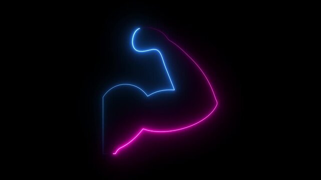 Glowing magenta pink blue neon muscle arm bicep icon outline fitness gym workout dark background.
