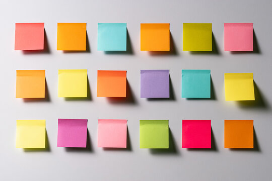 A grid of colorful sticky notes arranged on a clean white wall, creating a vibrant background for brainstorming, project management, organization, and creative office productivity concepts.