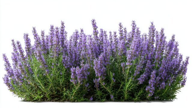 Stunning photo of rosemary, (Salvia rosmarinus, Rosmarinus officinalis) plant set frontal bush herbaceous perennial plant isolated png on a white background perfectly cutout.