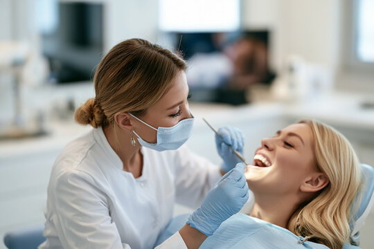 Professional female dentist in a medical mask performing a routine dental checkup on a happy female patient in a bright modern clinic, representing quality healthcare, oral hygiene and dental