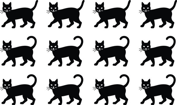 Black Cat Silhouette Collection Set Walking Cat Vector Illustration for Halloween Pet Logos and Decorative Designs
