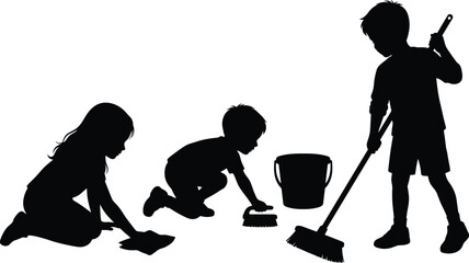 Black silhouettes of children cleaning the floor with a broom, bucket, and a scrubbing brush