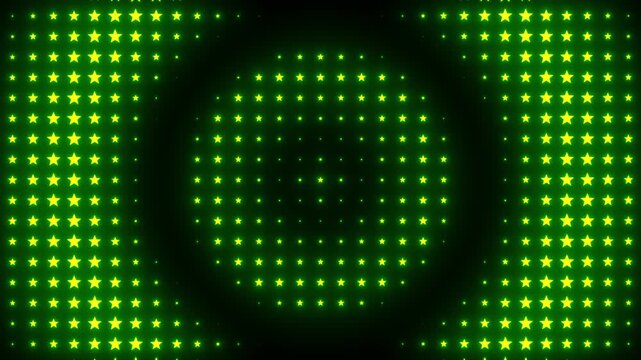 Abstract glowing neon green star shapes pulsing in expanding circular  patterns on dark animated background 4k video