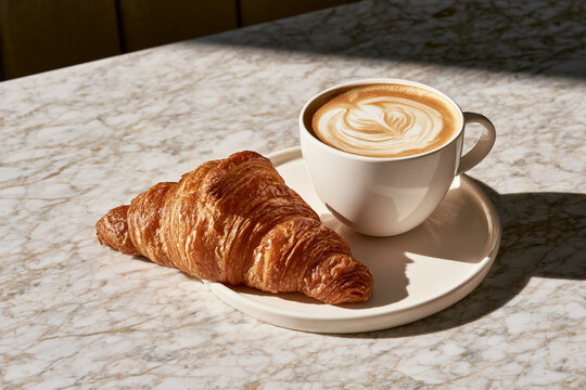 Freshly baked golden croissant served with a hot latte featuring latte art on a white marble table with morning sunlight and sharp shadows, perfect for a cozy cafe breakfast or lifestyle concept.