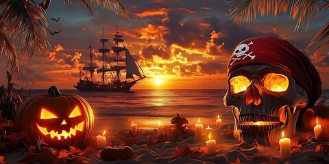 Naklejka premium Spooky Halloween scene with a pirate skull and carved pumpkin on a tropical beach at sunset time