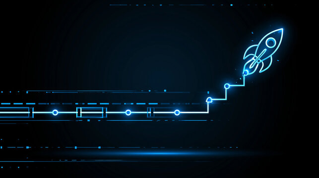 Neon timeline roadmap leading to glowing rocket launch icon, business startup growth and project execution concept, dark background, with copy space