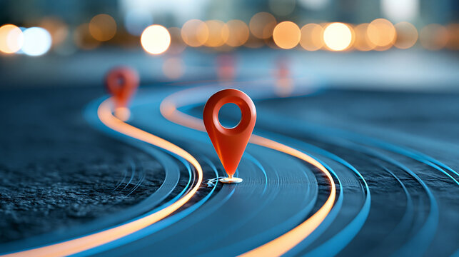 Glowing path with checkpoints showing business roadmap and customer journey concept in modern design, defocused background, with copy space