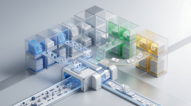 Data organization and document management with digital storage. Modern office data handling and file sorting process.
