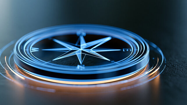 Glowing digital compass icon pointing toward strategic business milestones on dark corporate background, navigation and planning theme, with copy space
