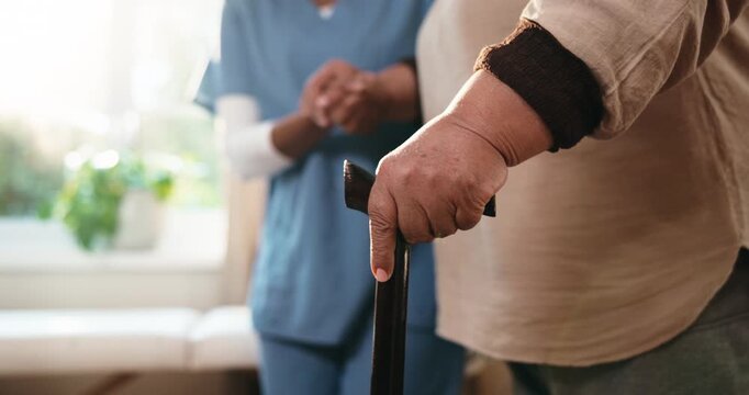 Support, nurse or old person with walking stick, helping hand or muscle recovery in health center. Assistance, caregiver or senior woman with disability, mobility aid or rehabilitation in retirement.