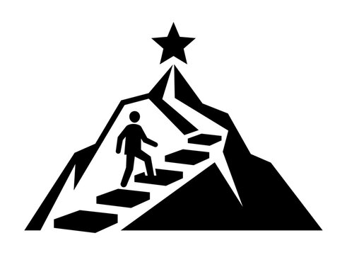 A silhouette of a person climbing stairs on a mountain towards a star representing success and achievement