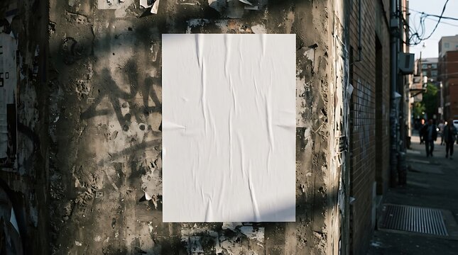 Blank white poster mockup on a weathered urban wall with textures and shadows for street advertising and design displays