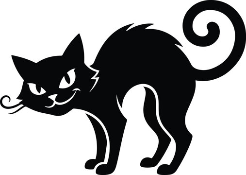 A spooky black cat silhouette with an arched back and curled tail isolated on a white background for halloween