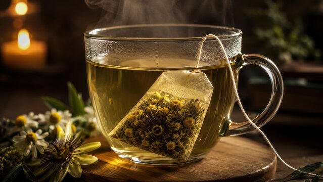 Chamomile and passionflower tea steeping in glass mug