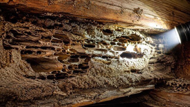 Termite damage in wood revealed by flashlight inspection