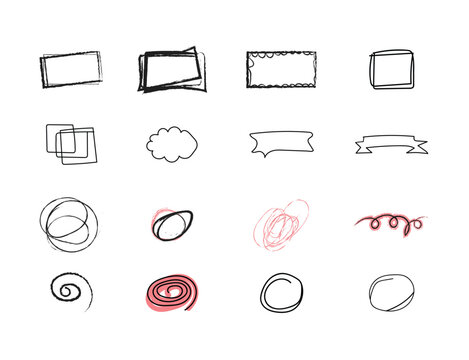 Set of handdrawn doodle frames, speech bubbles, and decorative elements