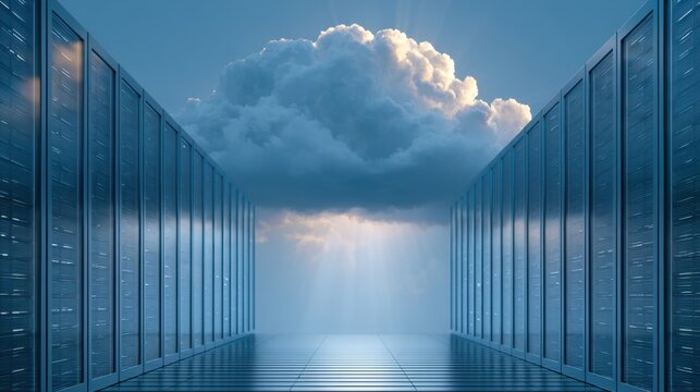 Cloud computing data center with server racks connected to cloud storage technology symbolized by large glowing cloud and light beams in futuristic environment