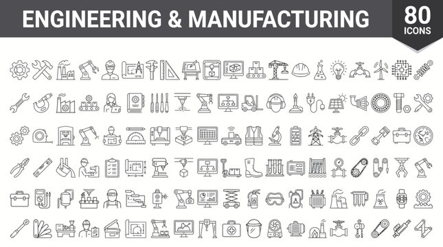 Engineering & Manufacturing Icon Set: Comprehensive collection of technical and industrial symbols for design, UI, presentations, and documentation.