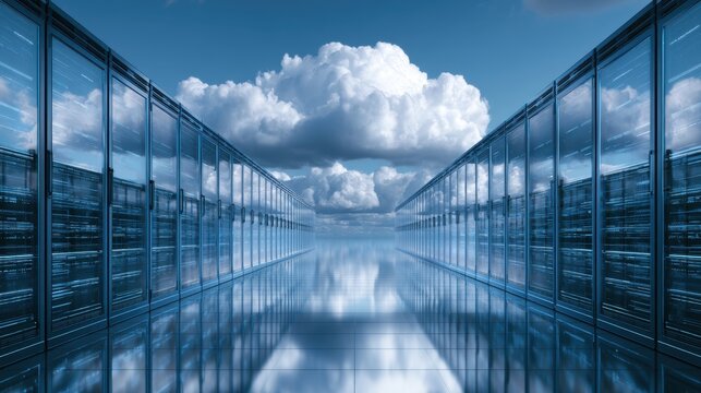 Modern data center exterior with rows of reflective glass server cabinets under a bright blue sky with white clouds creating a symmetrical technology environment