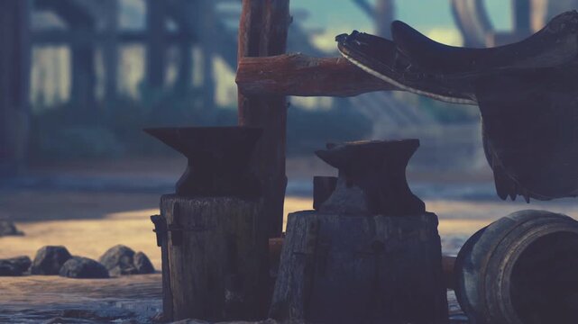 Tools like anvil and barrel are placed on a wooden surface near the shore. The sun shines on the setting, showing a seaside view with distant structures.