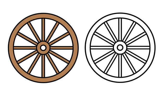 Wagon wheel illustration icon in line art and colored style, for coloring page or UI/UX app design