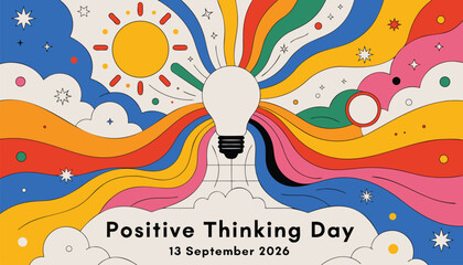 Positive thinking day illustration with light bulb and rainbow rays © vectyx2