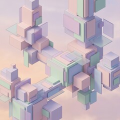 Fototapeta premium Abstract composition of pastel colored geometric cubes and transparent glass plates in isometric.