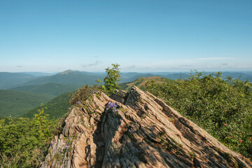 Rock formation on a mountain hiking trail. Bieszczady Mountains, Bukowe Berdo. © Tomasz