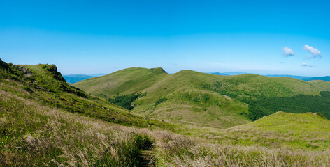 A panorama of green mountains. A view of Tarnica in the Bieszczady Mountains from Bukowe Berdo. © Tomasz