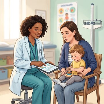 Black female doctor showing growth charts on tablet to concerned mother and toddler in clinic room.