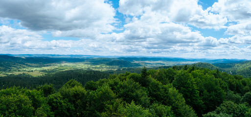 A panoramic view of green forests and hills under a cloudy sky. Bieszczady Mountains. View from the observation tower on Jeleniowaty. © Tomasz