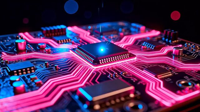 Circuit board with glowing neon lines