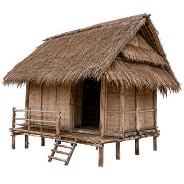 Traditional bamboo hut with thatched roof and wooden stilts isolated on transparent background