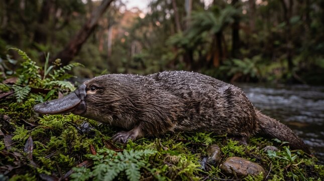 A wild platypus resting on a mossy riverbank within a lush temperate rainforest environment in Australia during the evening hours as the unique monotreme mammal explores its natural creek habitat
