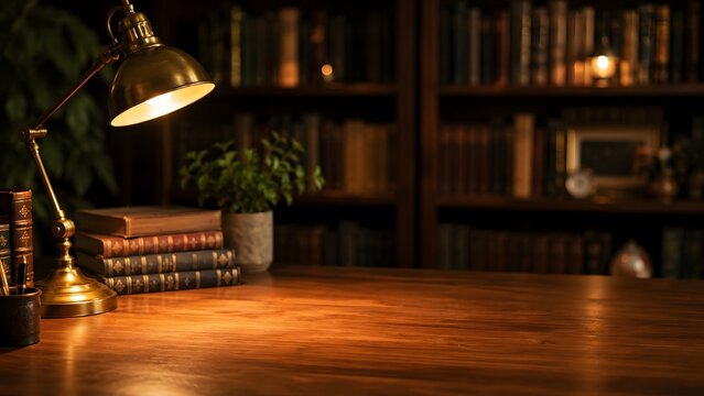 Vintage library desk with brass lamp, antique wooden study table with books, dark academic interior background with blurred bookshelves