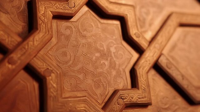 Ornate Carved Wooden Geometric Star Panel With Intricate Arabesque Pattern And Warm Detail