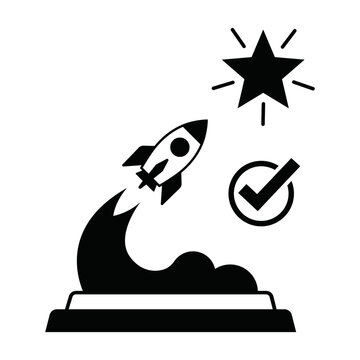 A minimalist black icon showing a rocket launching towards a star with a confirmed check mark symbol