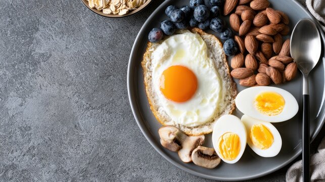 Healthy breakfast plate with fried egg, boiled egg, almonds, fresh blueberries, mushrooms, and oatmeal bowl on gray textured surface with spoon alongside