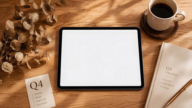 Minimalist tablet mockup on wooden desk, digital screen template with coffee and eucalyptus, aesthetic workspace with Q4 planner and golden pen