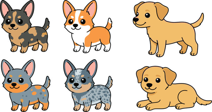 Cute Puppy Vector Clipart Set Featuring Kawaii Corgi and Labrador Retriever Dogs in Diverse Coat Patterns for Stickers, Patterns, and Child Graphic Designs