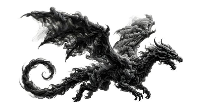 Black smoke dragon fantasy creature silhouette isolated on white background with creature mystical mythology mythical isolated background illustration abstract ethereal silhouette dramatic