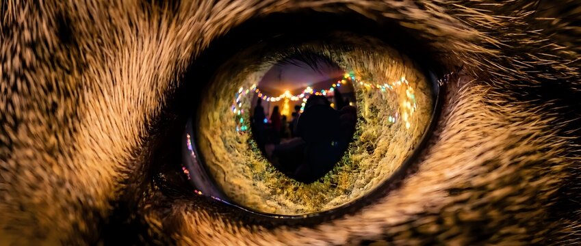Close-up of a feline eye with golden-amber iris and dilated pupil, showcasing detailed fur texture and intense gaze for wildlife and animal content.