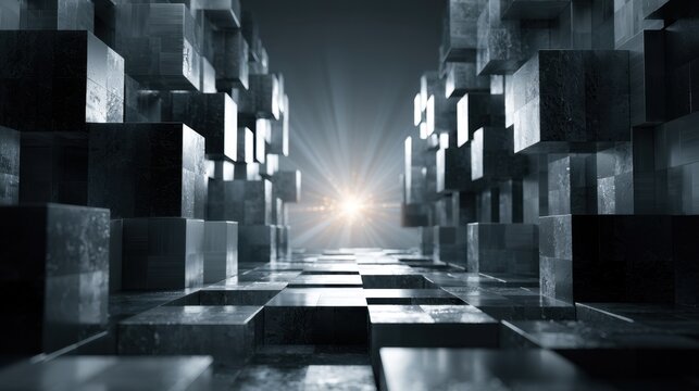 Futuristic metallic corridor with reflective cubes and glowing light in the distance creating a sleek abstract digital technology environment with depth and perspective