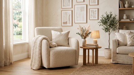 Fototapeta premium Cream Color Living Room Home Interior Armchair Decor Setup 
