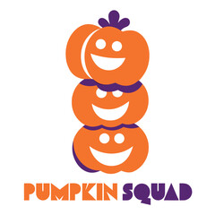 Fototapeta premium Pumpkin squad logo design with three stacked orange pumpkins and purple text